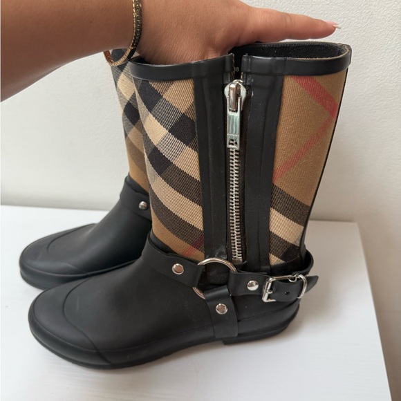 Black and Tan Plaid Rain Boots - Picture 1 of 5